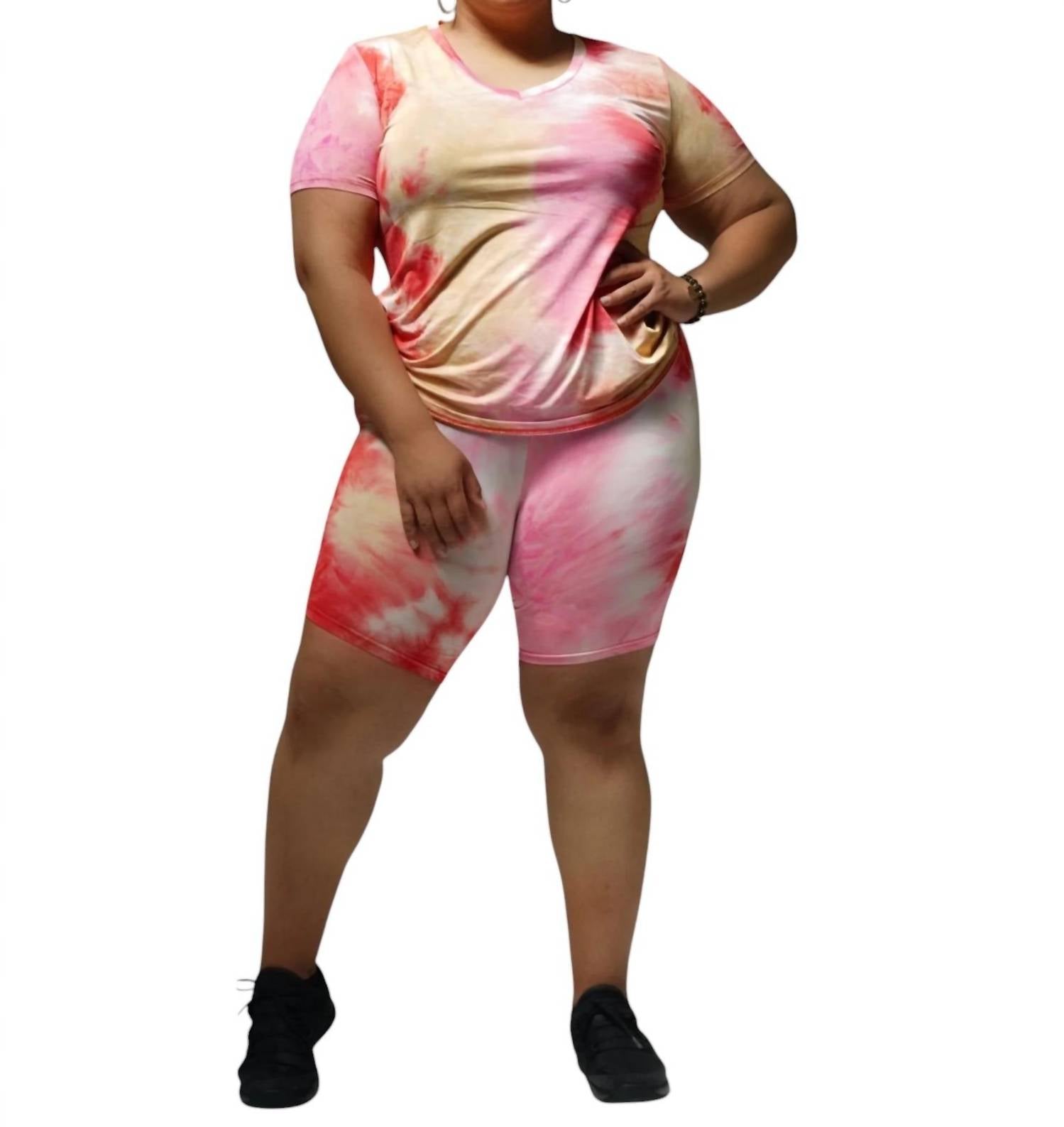 

Короткий комплект с V-образным вырезом и принтом тай-дай в цвете коралловый многоцветный Daisy