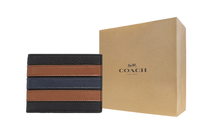 

COACH Кошелек Billfold, кожаный держатель для карт, мужской, черный, коричневый, синий в полоску