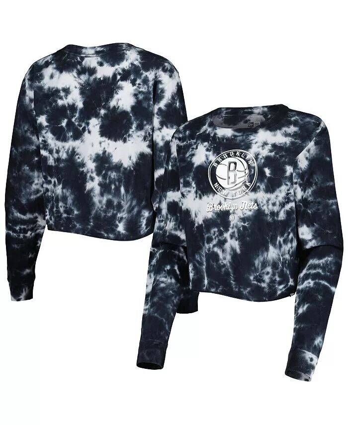 

Черная женская укороченная футболка с длинным рукавом Brooklyn Nets Tie Dye New Era, черный
