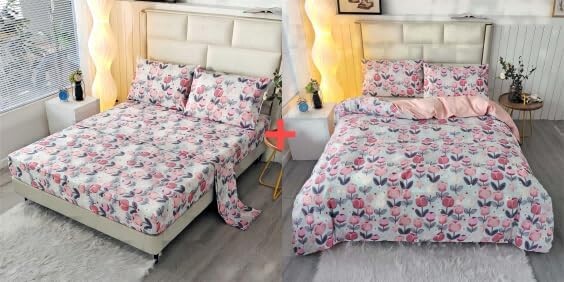 

SDIII 7 шт. Комплект постельного белья королевского размера с розовым цветочным принтом и пододеяльником