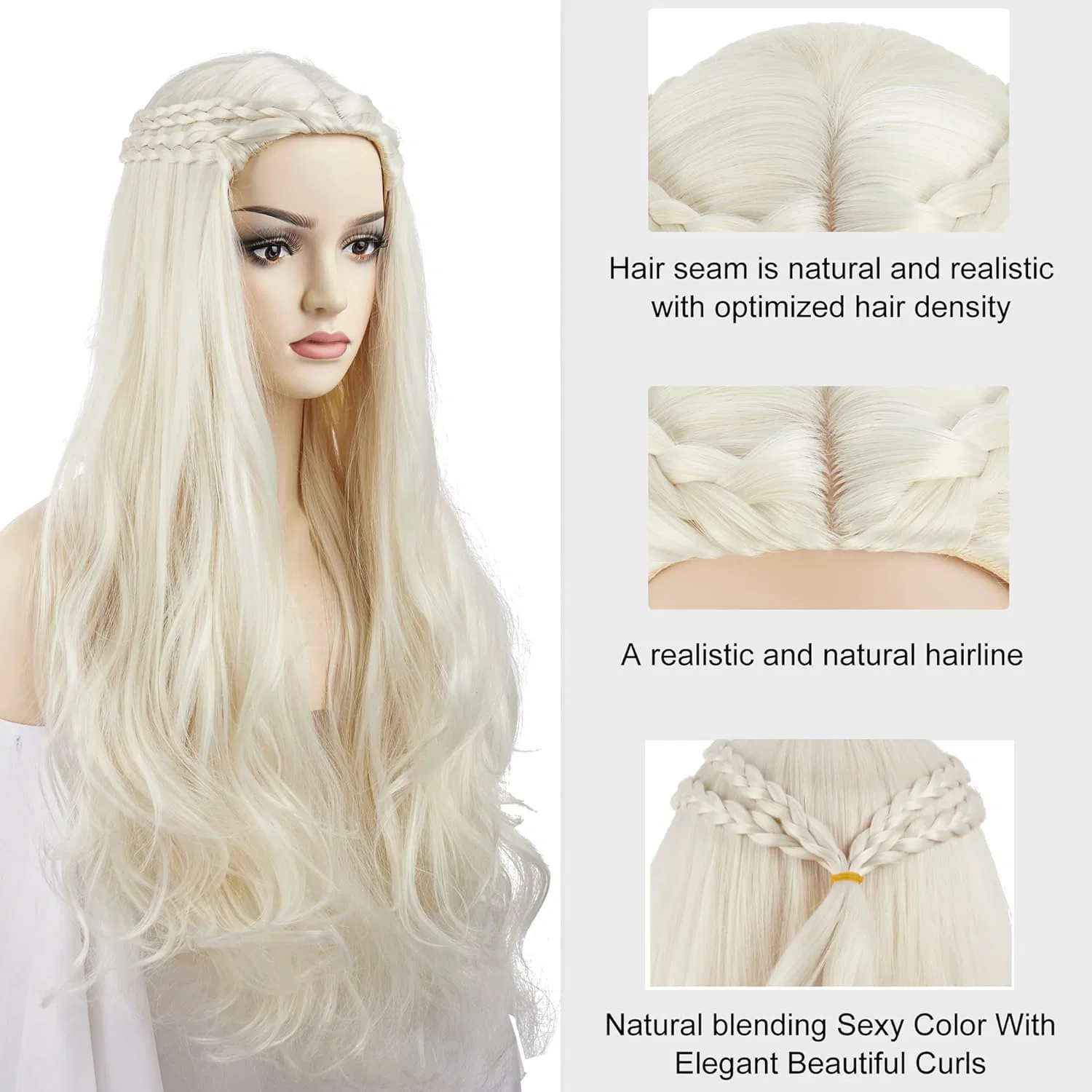 Парик для косплея PORSMEER Dragon Queen длинный волнистый с косами, светло-русый Porsmeer, Light Blonde — фото 3