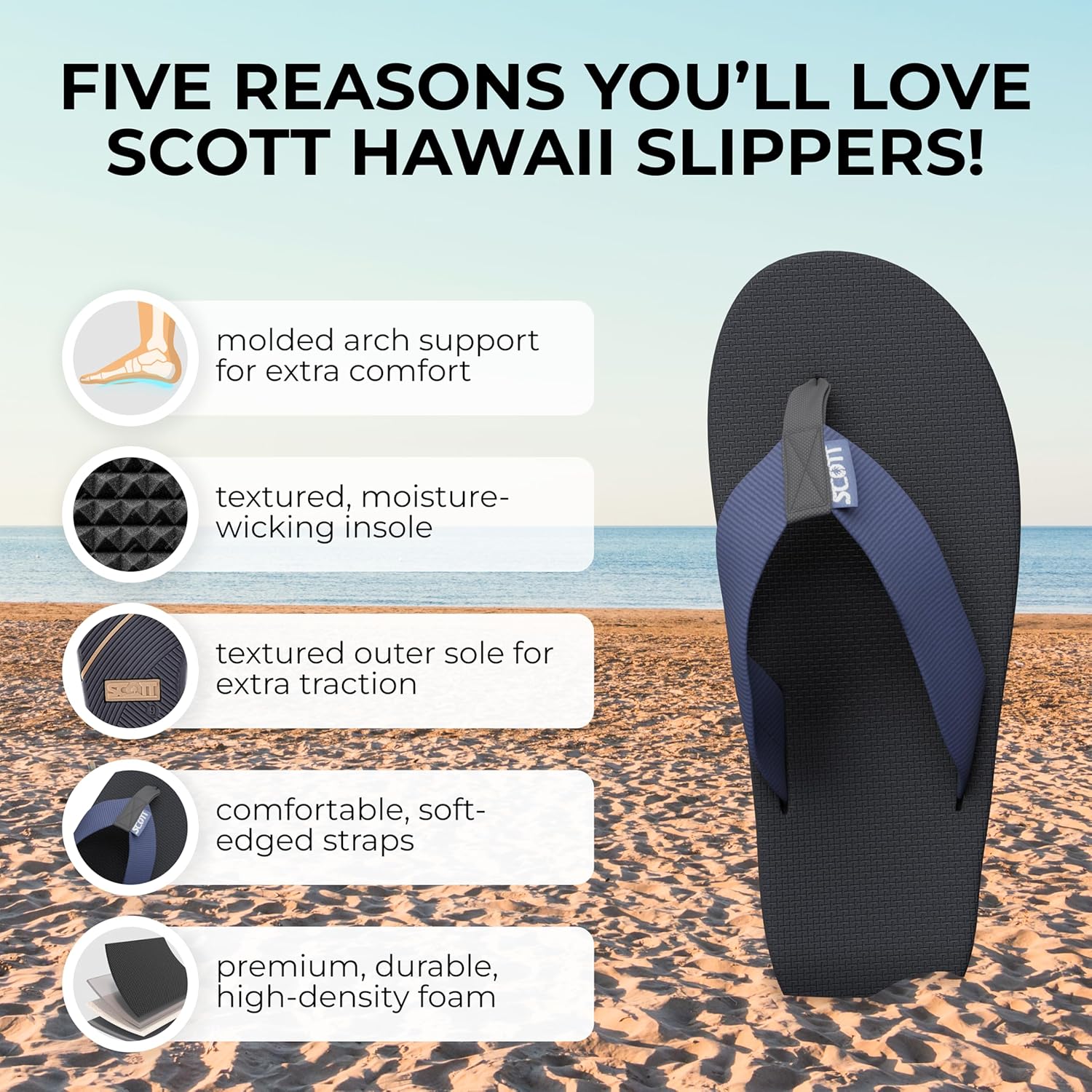 Сандалии Scott Hawaii Makaha | Индивидуально сформированная подошва с поддержкой свода | Рекомендовано подиатрами, темно-синий — фото 2
