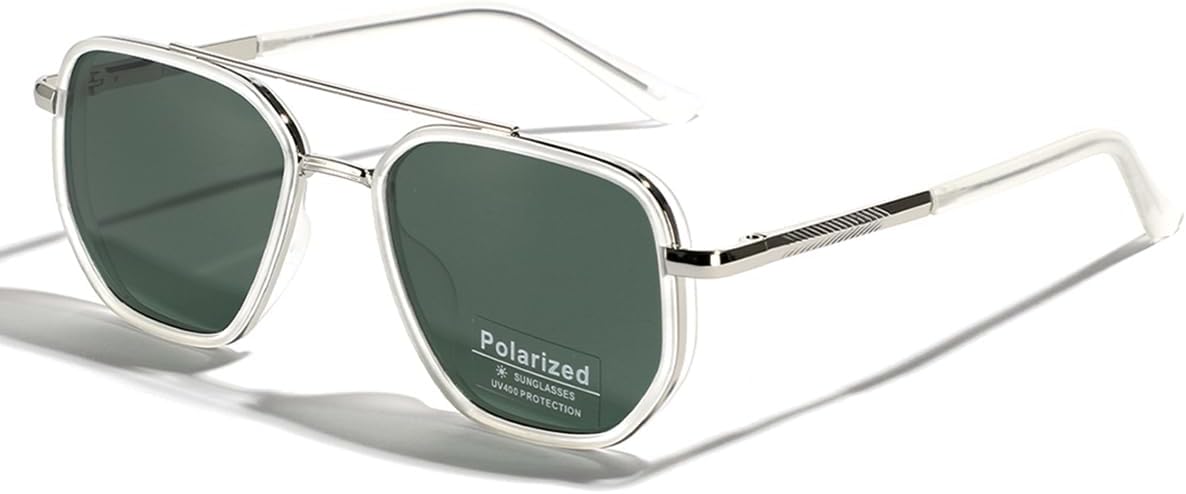

Поляризованные солнцезащитные очки TR90 в винтажном стиле, квадратная форма, плоская верхняя часть, двойная перемычка, металлическая защита от УФ-излучения UV400 weiyuchen, Silver With Green