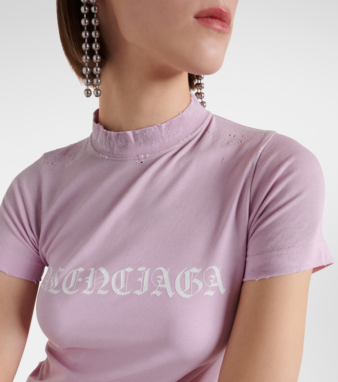 Обрезанная хлопковая футболка из джерси Balenciaga, Light Pink/White — фото 4