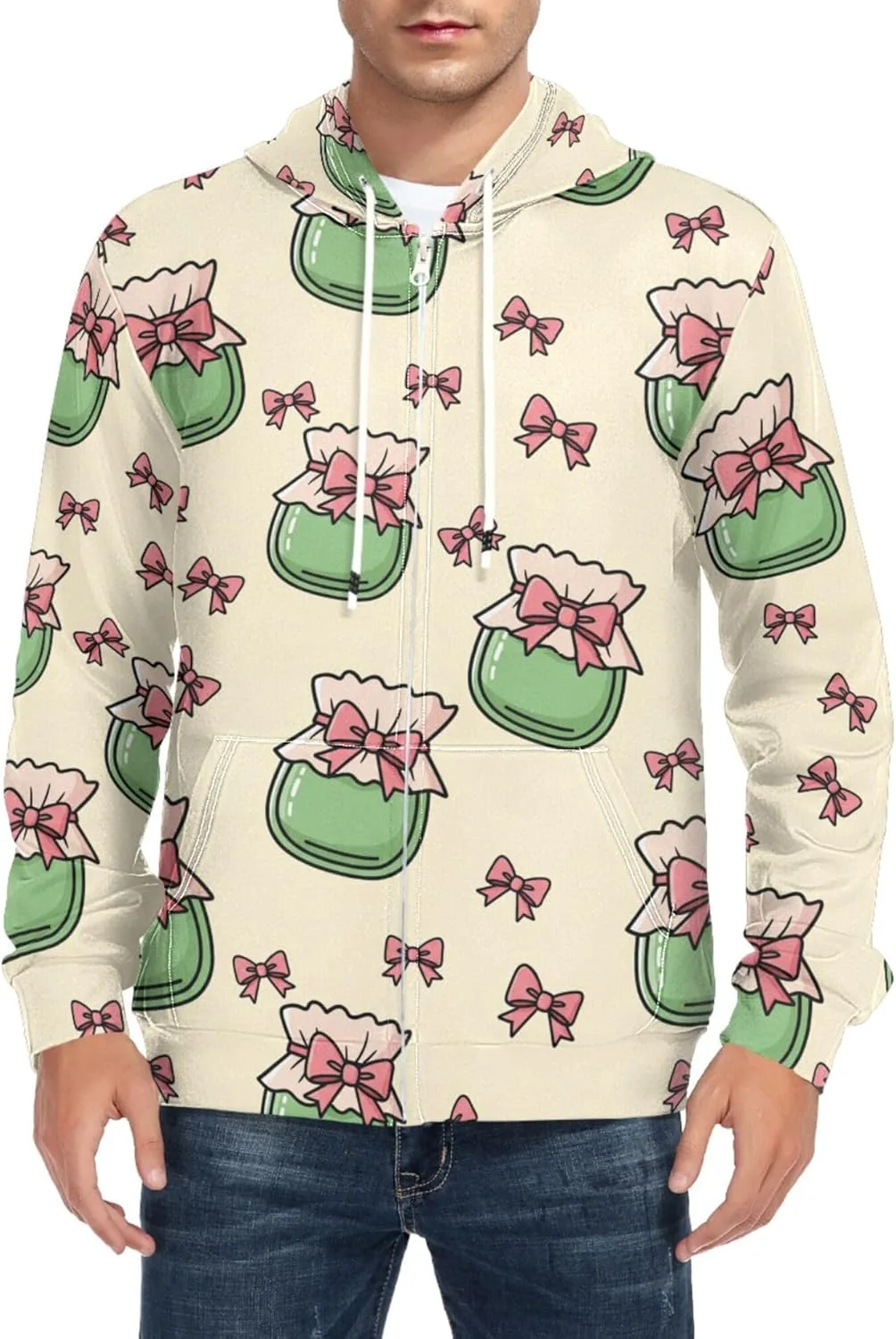 

Мужская толстовка с капюшоном на молнии Green Jars Pink Bows, с длинным рукавом и карманом CUPADA