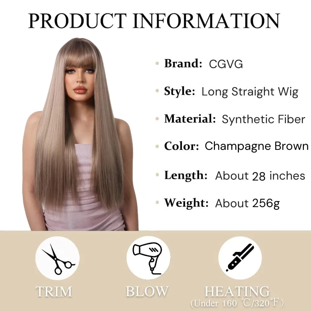 Женский длинный прямой парик с челкой из синтетических волос Cgvg, Champagne Brown — фото 2
