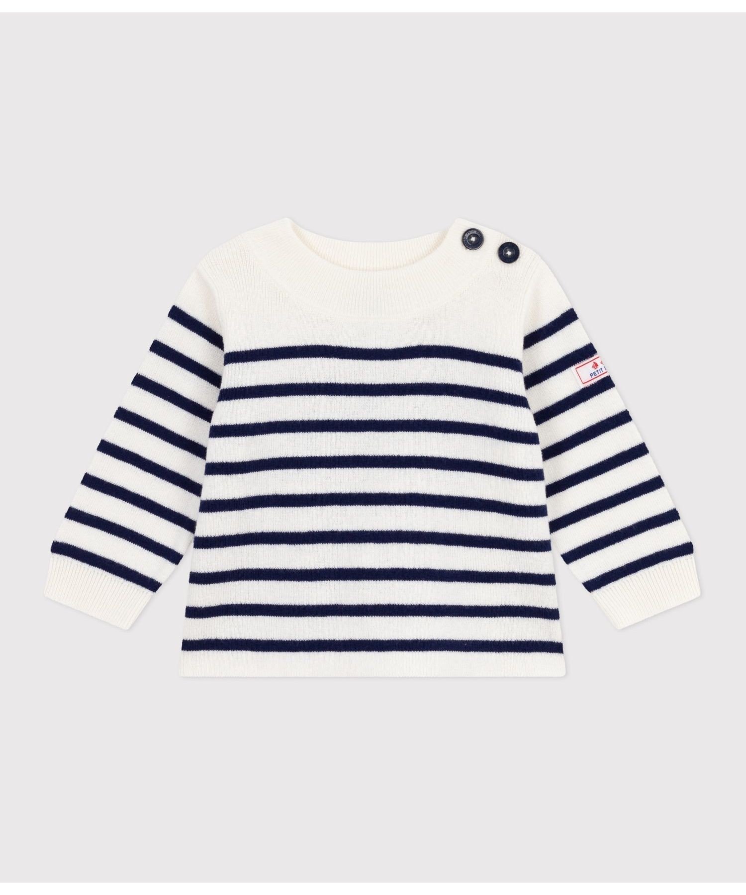 Вязаный пуловер с пуговицами на плечах PETIT BATEAU, Off-white/blue — фото 4