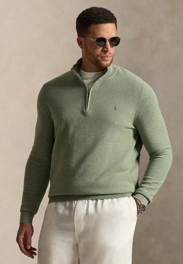 Свитер-свитшот из хлопкового трикотажа с четвертной молнией Polo Ralph Lauren Big & Tall, зелёный папоротник меланж