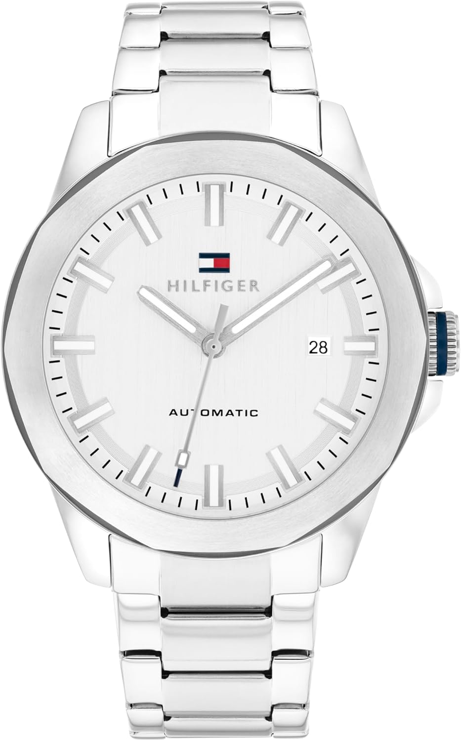 

Мужские автоматические часы Tommy Hilfiger - корпус из нержавеющей стали 44 мм, браслет из звеньев, прозрачная задняя крышка - современные часы-скелетоны, Silver
