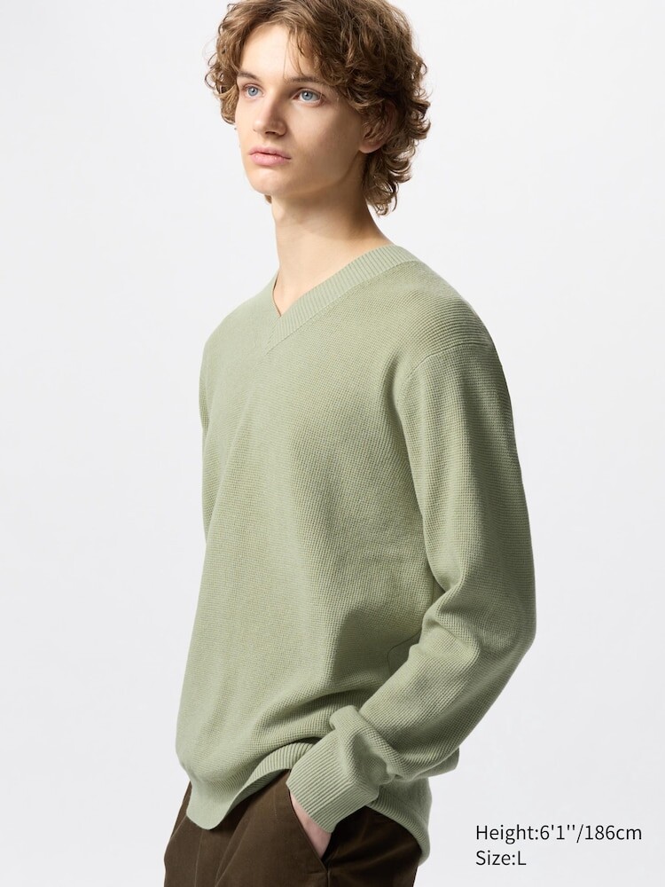 

Джемпер с вафельным узором и V-образным вырезом Uniqlo, цвет 53 зеленый