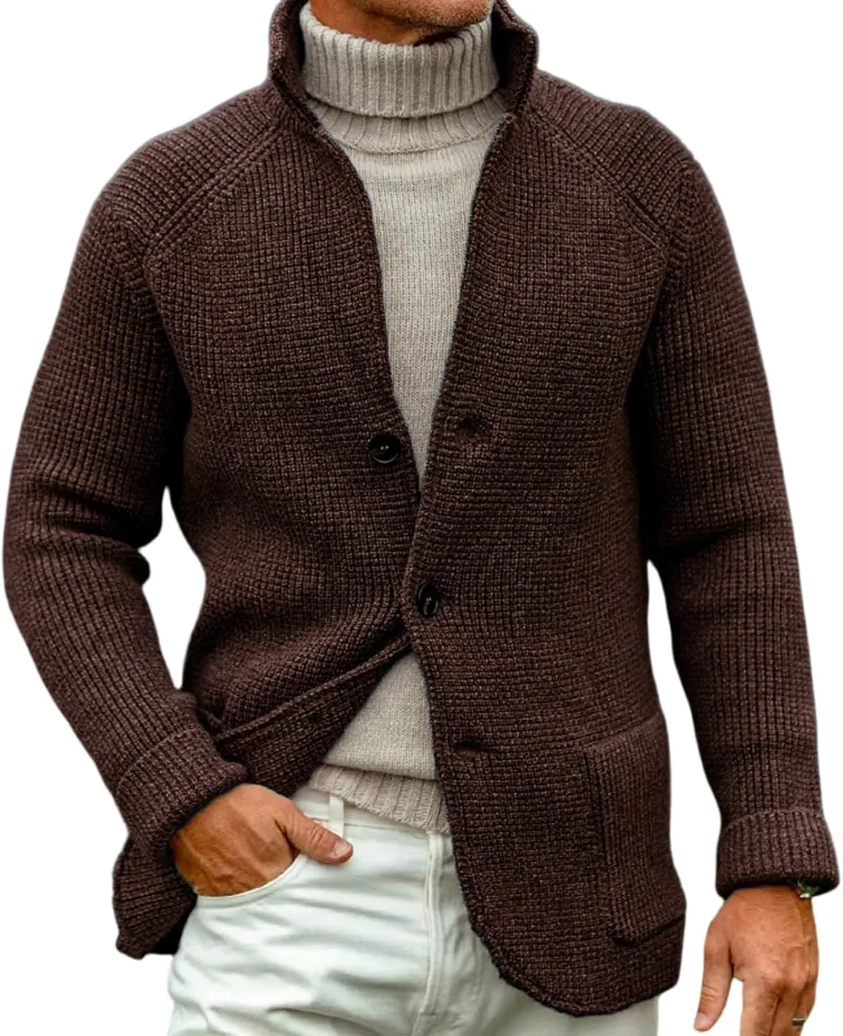 

Мужской кардиган с воротником стойкой и крупной вязкой ADHOWBEW