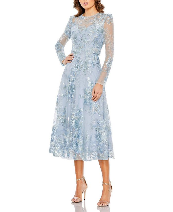 

Украшенное платье миди с длинными рукавами и эффектом иллюзии Mac Duggal, синий