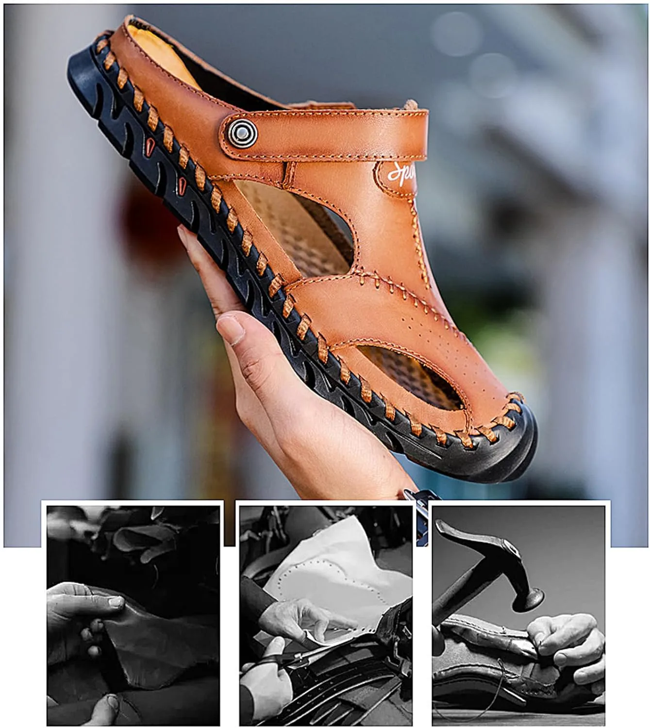 

Мужские летние спортивные сандалии ручной работы из кожи, удобные с закрытым носком с вырезами, для повседневного ношения и пляжа ETORYOOX, желтый