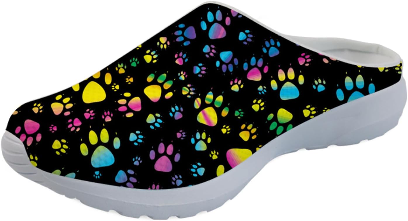 

Садовые сабо Forchrinse с милым принтом лапок собак, нескользящие обувь для шеф-поваров, медсестер и врачей, сандалии для мужчин и женщин, Rainbow Tie Dye Dog Paw Print