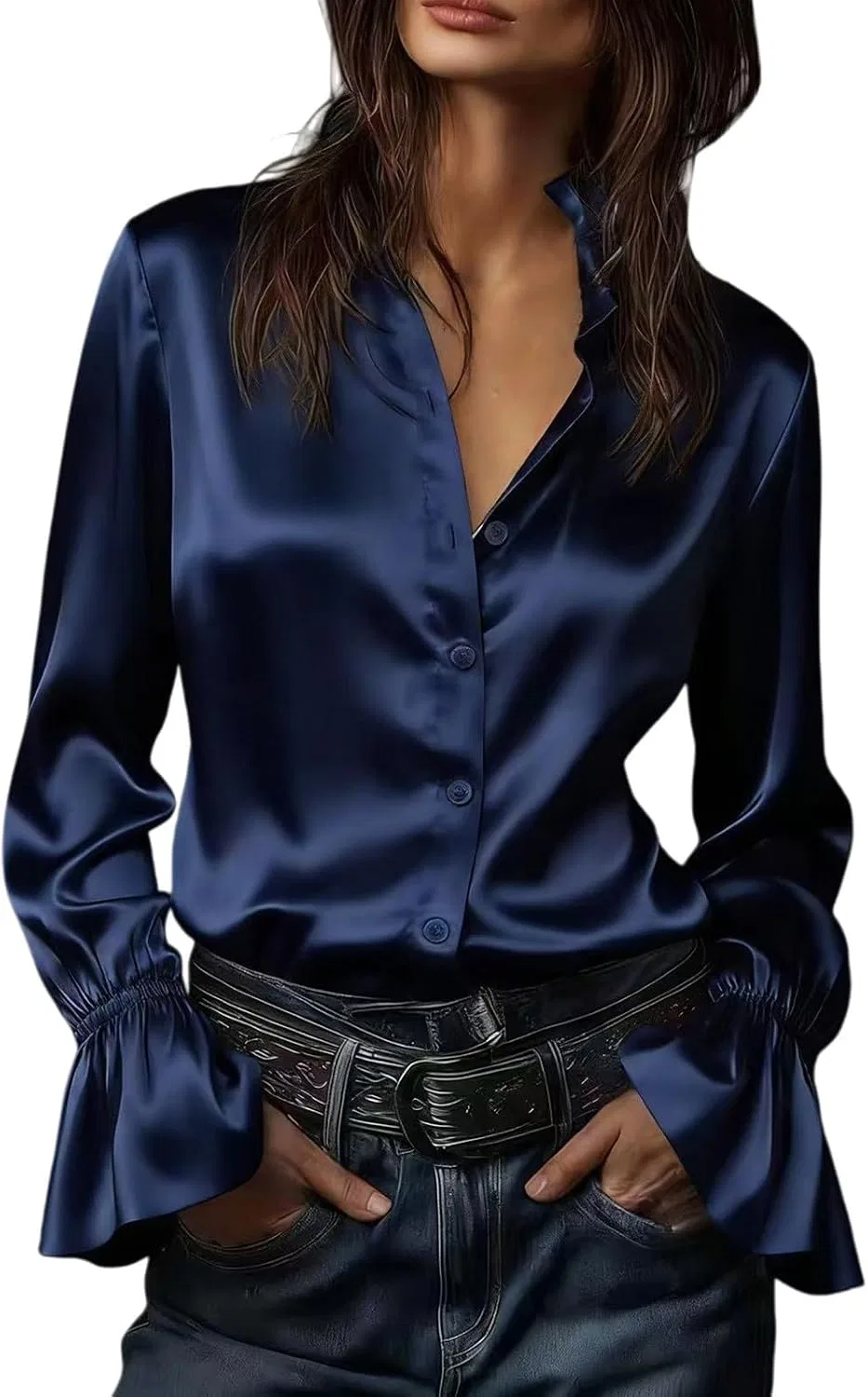 Блуза с воротником, длинный рукав, дарк-нави