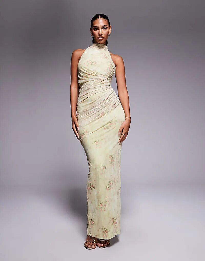 

Платье макси ASOS DESIGN с сетчатым перекрученным бюстгальтером, завязкой на спине и цветочным принтом