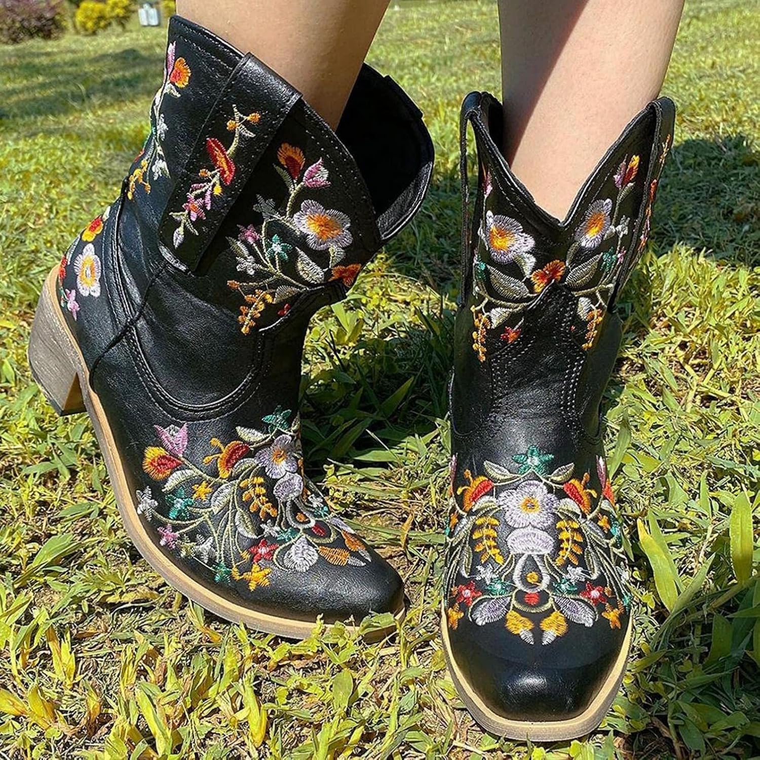 Женские ковбойские ботинки Hbeylia Винтажная вышивка, заостренный носок, массивные средние каблуки, западные ковбойские ботинки, ретро, слипы, широкие ботинки до середины голени, для езды, ботильоны для рыцарей, черный — фото 2