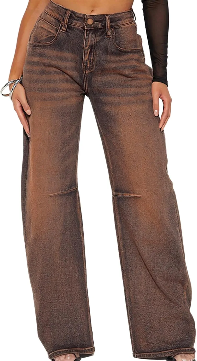 

Женские джинсы Vintage Washed Barrel Mid Rise Stretchy Loose Y2K Straight Leg TACSTRUN