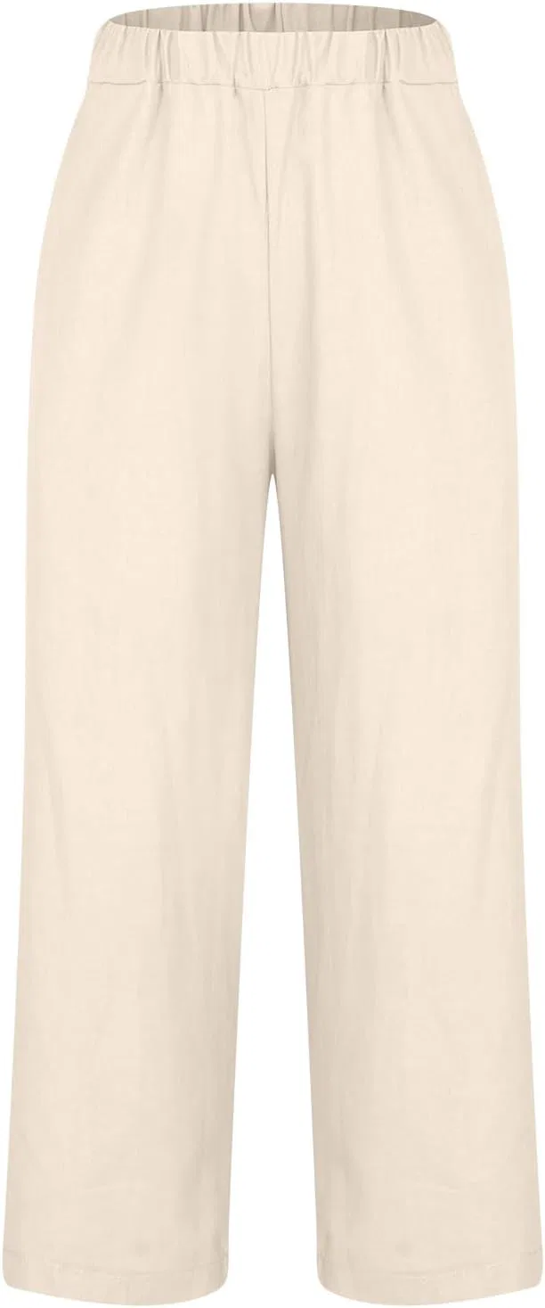 Брюки с карманами, Khaki, Womens Linen Pants with Pockets Casual Ankle Pant High Waist Comfy Lightweight Loose Trousers Beach Cropped — фото 3