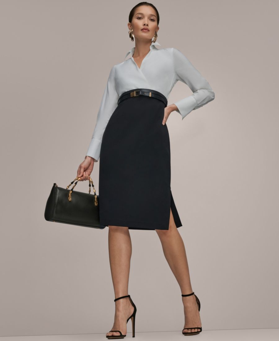 

Женское платье-футляр миди с V-образным вырезом, поясом и контрастной отделкой Donna Karan New York, Cream/Black