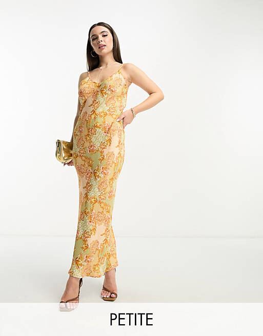 

Атласное платье макси с роскошным золотистым цветочным принтом Never Fully Dressed Petite, Желтый, Атласное платье макси с роскошным золотистым цветочным принтом Never Fully Dressed Petite
