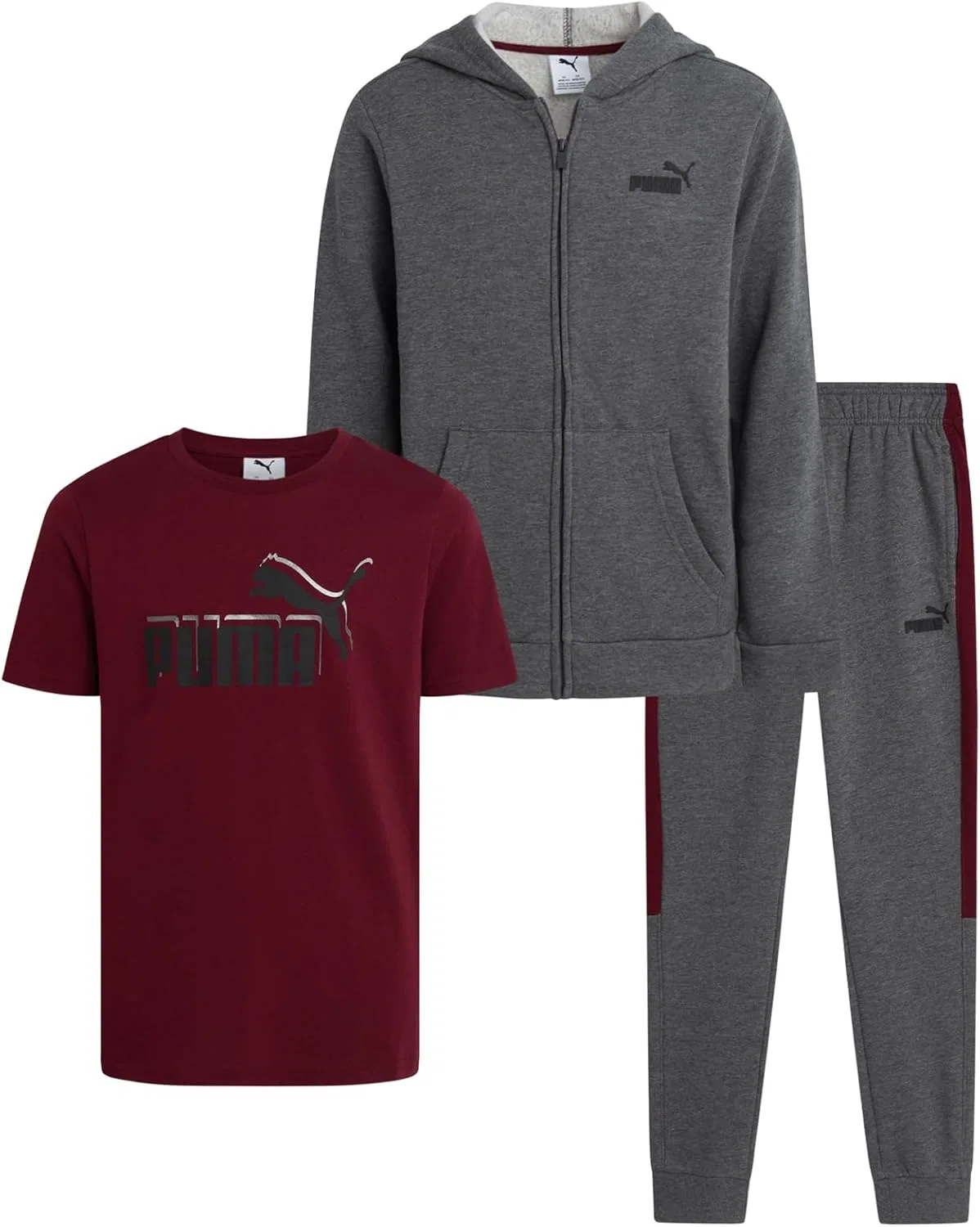 Детский спортивный костюм PUMA, 3 предмета: худи на молнии, футболка с принтом, джоггеры, Maroon/Charcoal Heather