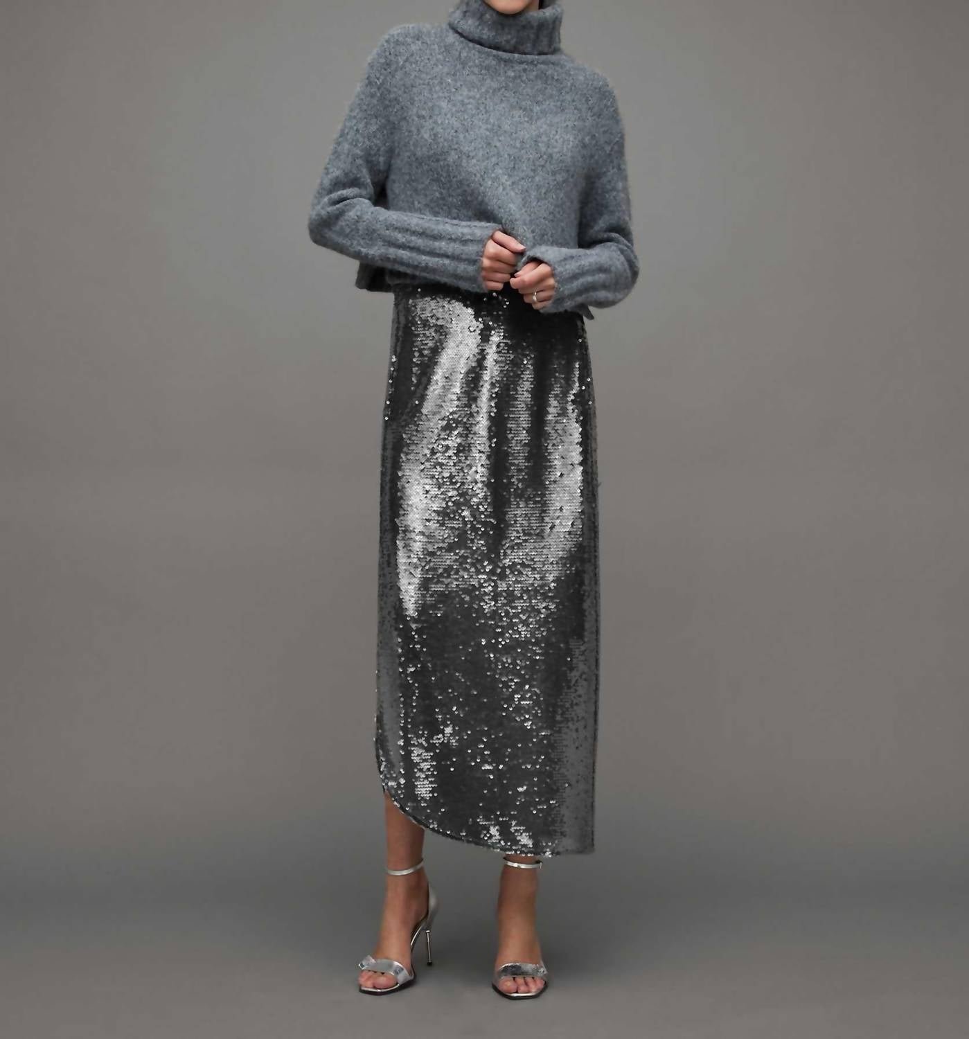 

Опаловый блеск Миди городская пайетковая юбка в дымчато-сером цвете All Saints, серый