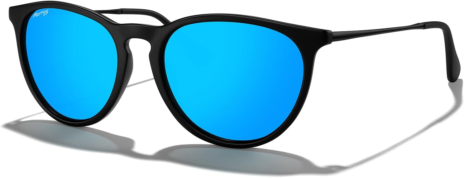 

Винтажные поляризованные солнцезащитные очки MERRY'S для женщин и мужчин, ретро-стиль, круглые зеркальные линзы, защита от ультрафиолета UV400, Matte Black Frame/Blue Mirror Lens/Black Legs