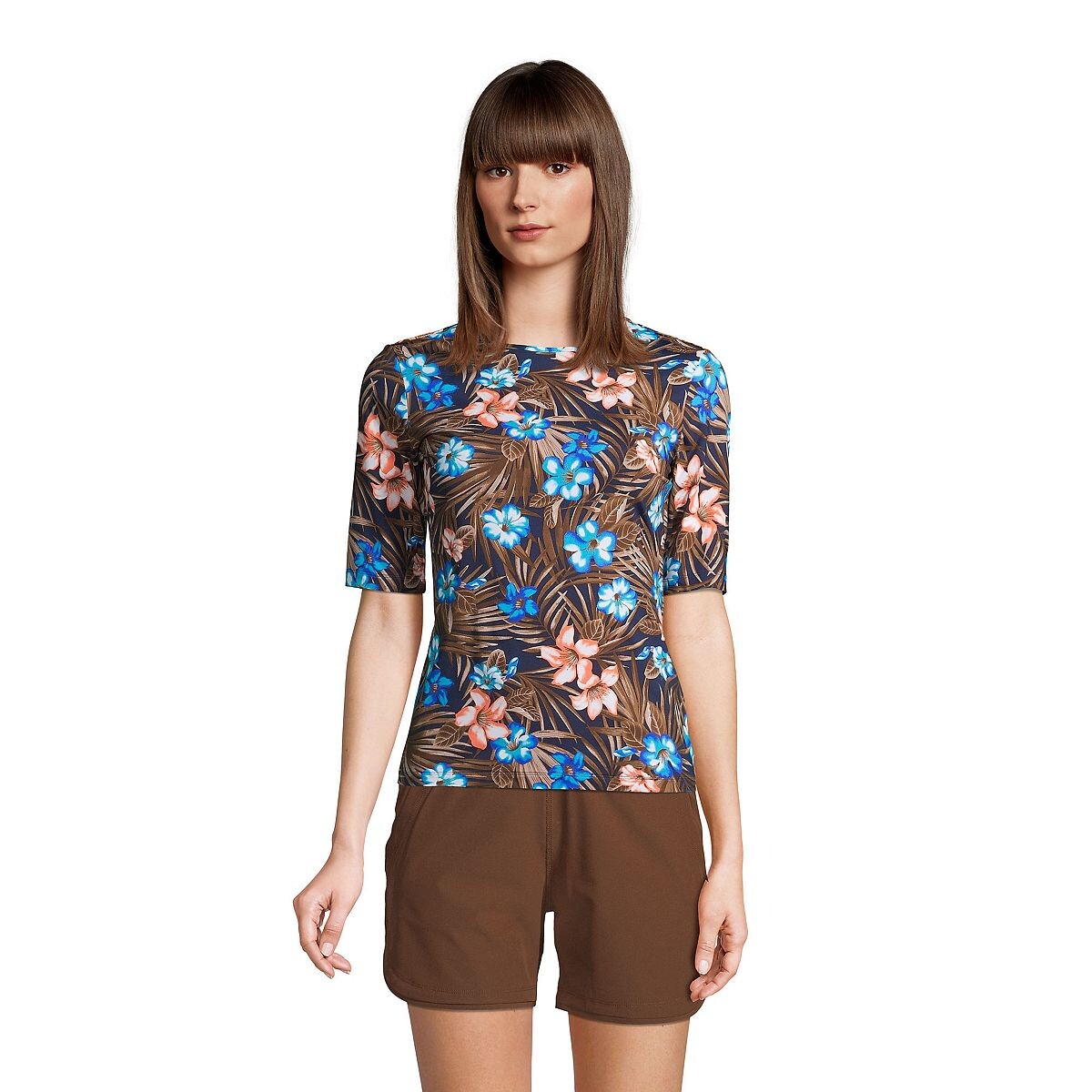 

Женская длинная футболка с круглым вырезом и рукавами до локтя, защита от солнца UPF 50, скромная футболка для плавания Lands' End