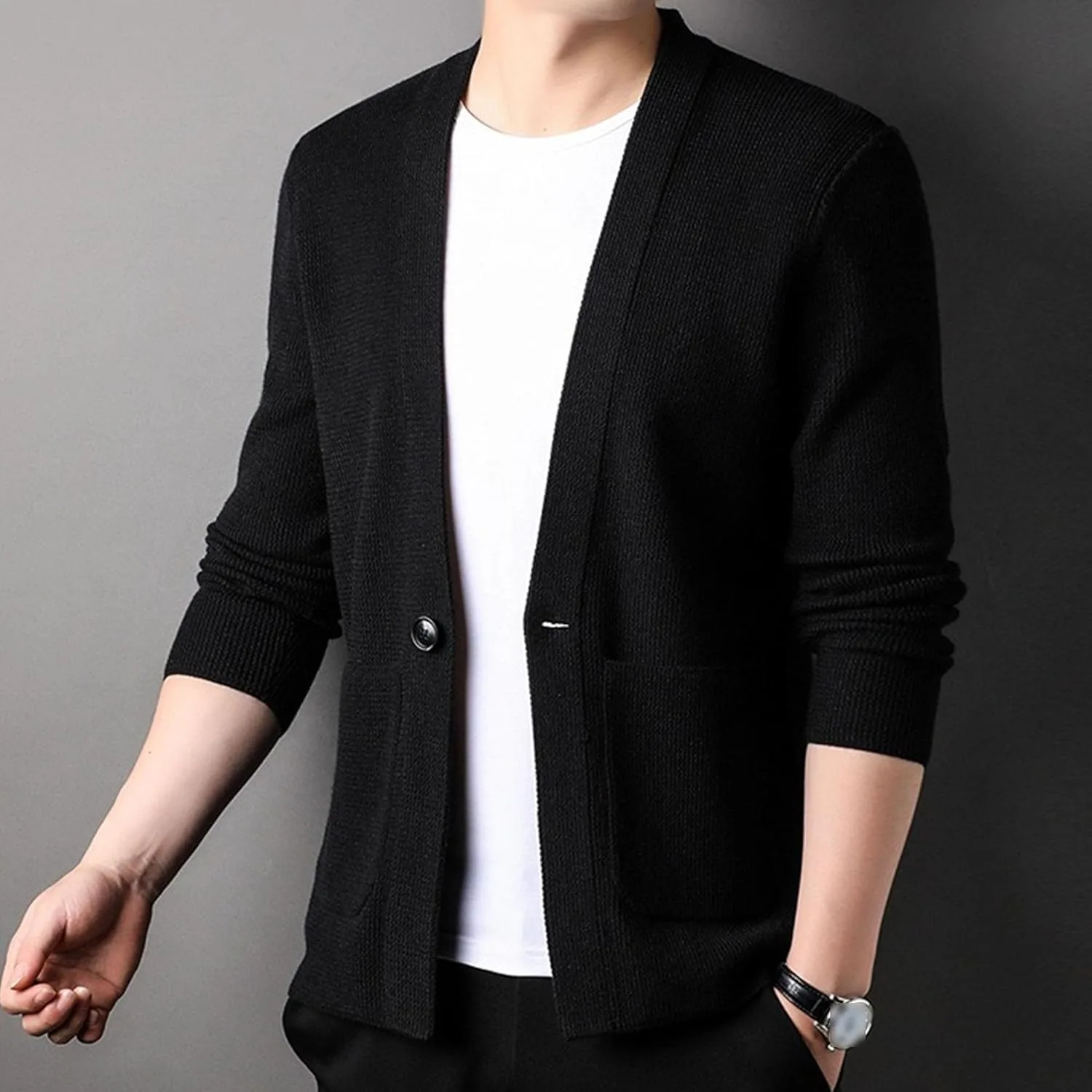 Мужской кардиган V-образным вырезом, вязаный, на одной пуговице, Slim Fit — фото 3