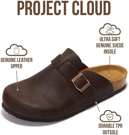 Мужские сабо Project Cloud - 100 натуральная кожа полного слоя, сабо с мемори-пеной для мужчин, поддержка свода стопы, пробковая стелька, противоскользящая подошва (Brooklyn), шоколадный — фото 2