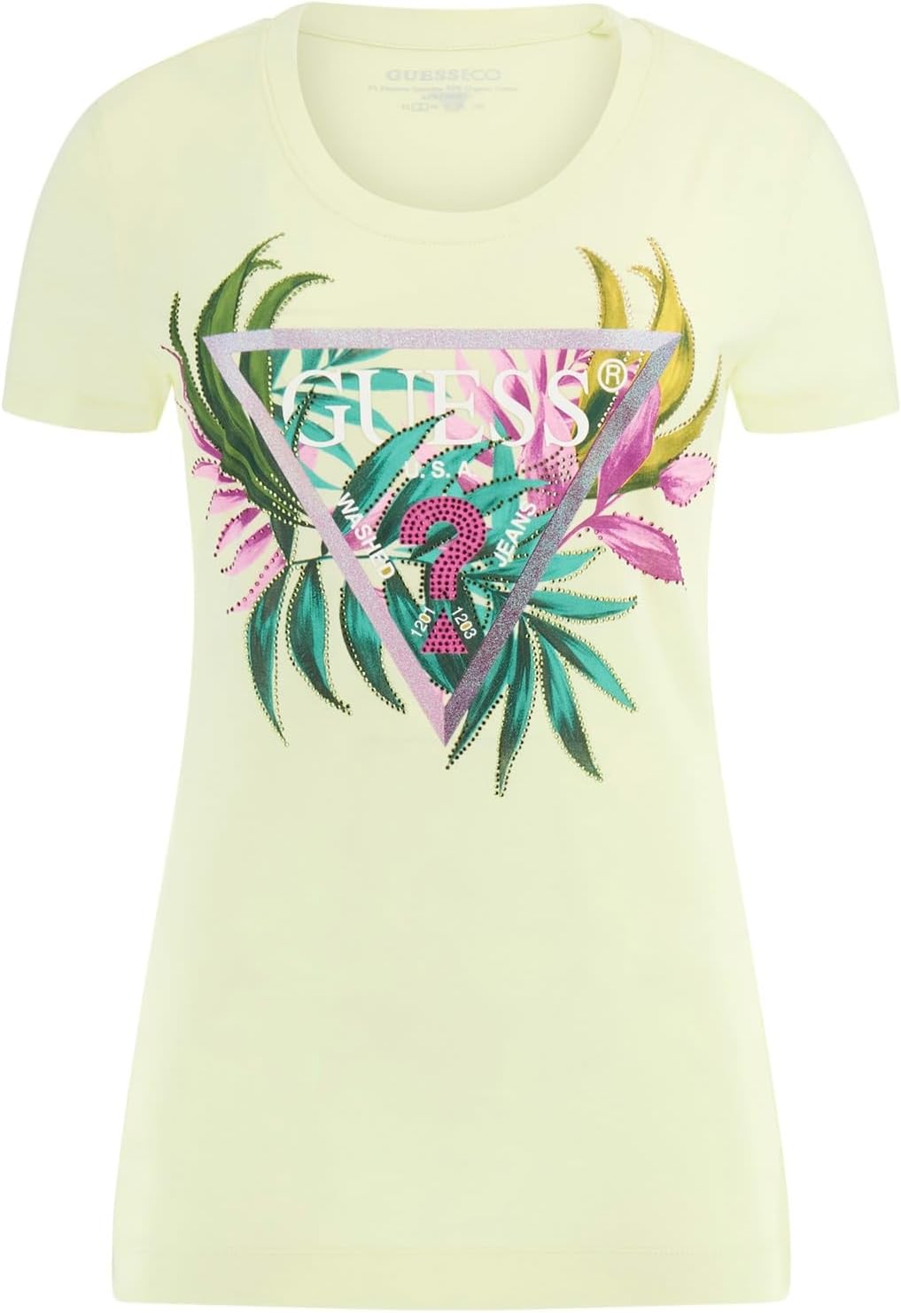 

GUESS Женская футболка с коротким рукавом и треугольным принтом в виде листа, Pastel Lime, Черный, GUESS Женская футболка с коротким рукавом и треугольным принтом в виде листа, Pastel Lime
