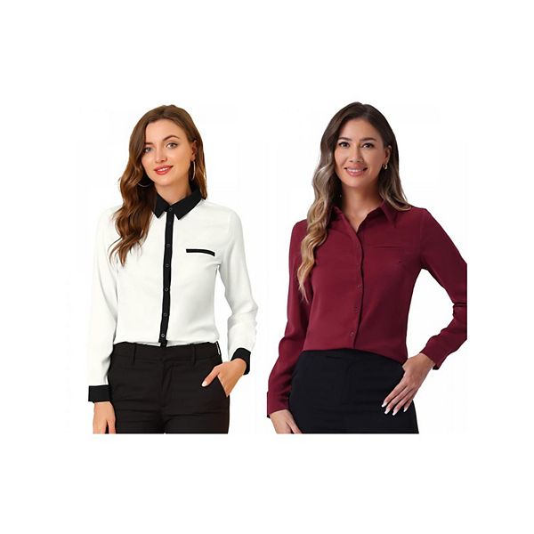 

2 упаковки женской рубашки с длинным рукавом и цветными блоками Inspire Chic, White Solid Wine Red