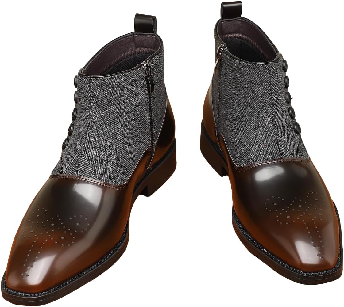 

Мужские викторианские ботинки Santimon с пуговицами, двухцветная кожа и твид, ботинки на щиколотку с боковой молнией, винтажная формальная обувь, коричневый