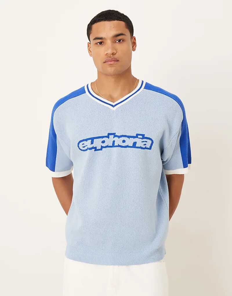 

Футболка свободного кроя с V-образным вырезом и принтом Euphoria от ASOS DESIGN светло-голубого цвета