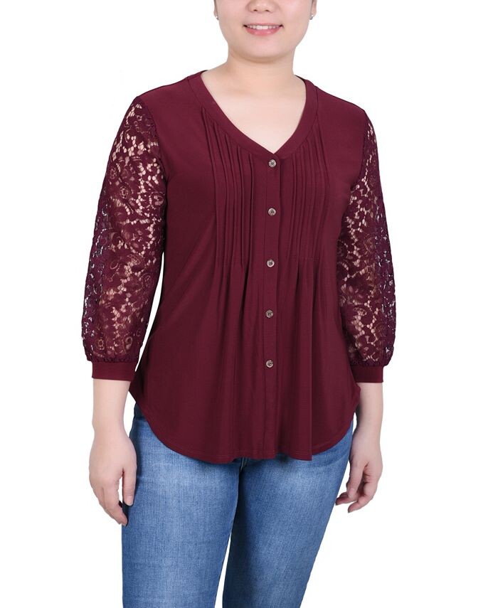 

Миниатюрный вязаный топ 3/4 с кружевными рукавами NY Collection, красный
