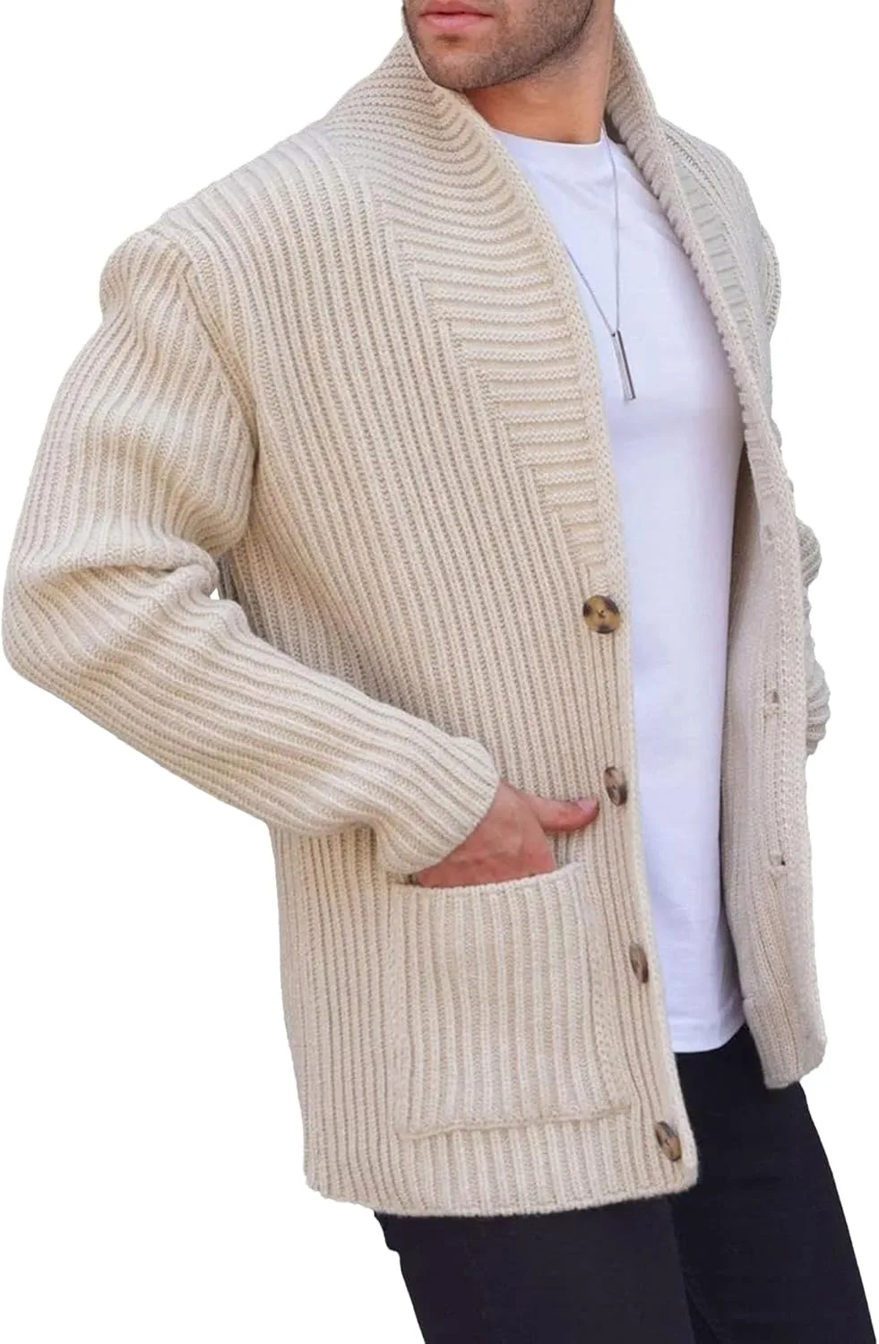 

Мужской свитер с кабельной вязкой и воротником-шалью