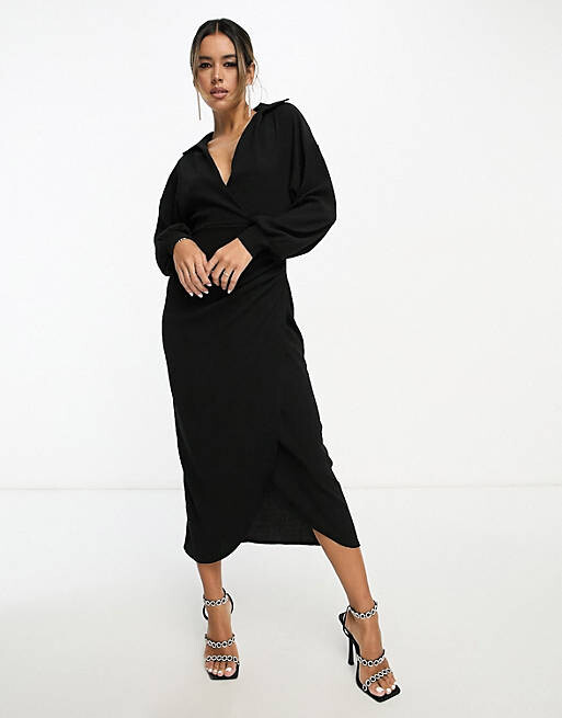 Черное фактурное платье миди с запахом и воротником ASOS DESIGN — фото 3