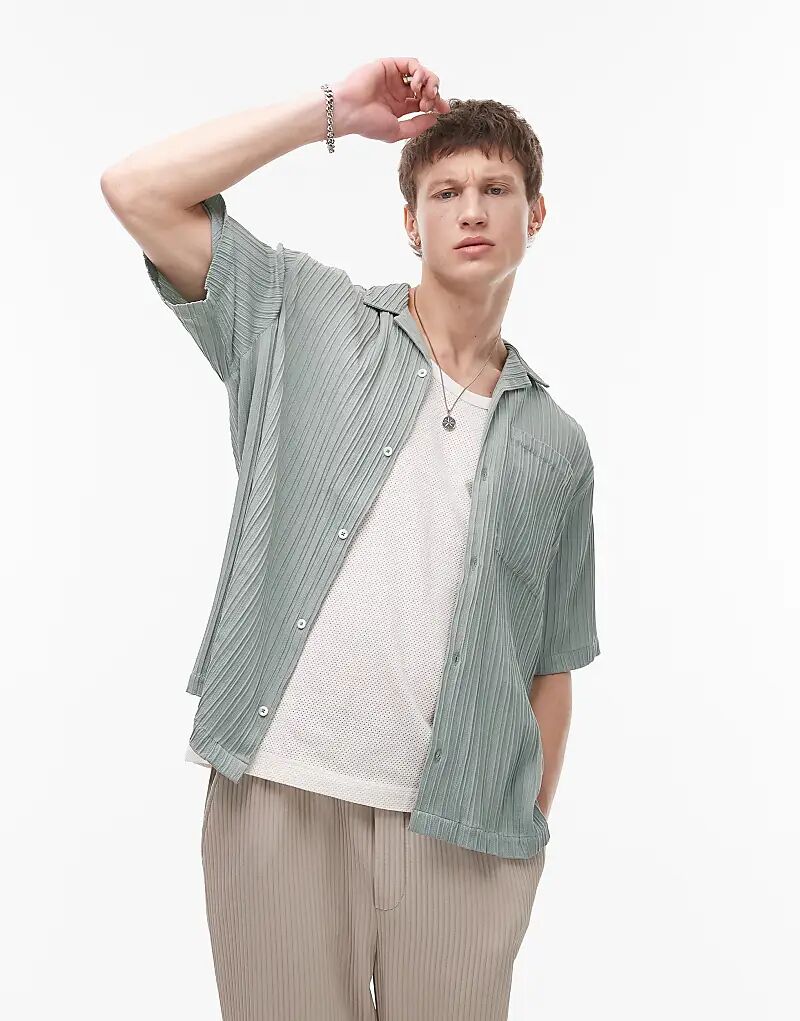 

Текстурированная плиссированная рубашка Topman с короткими рукавами в цвете шалфея