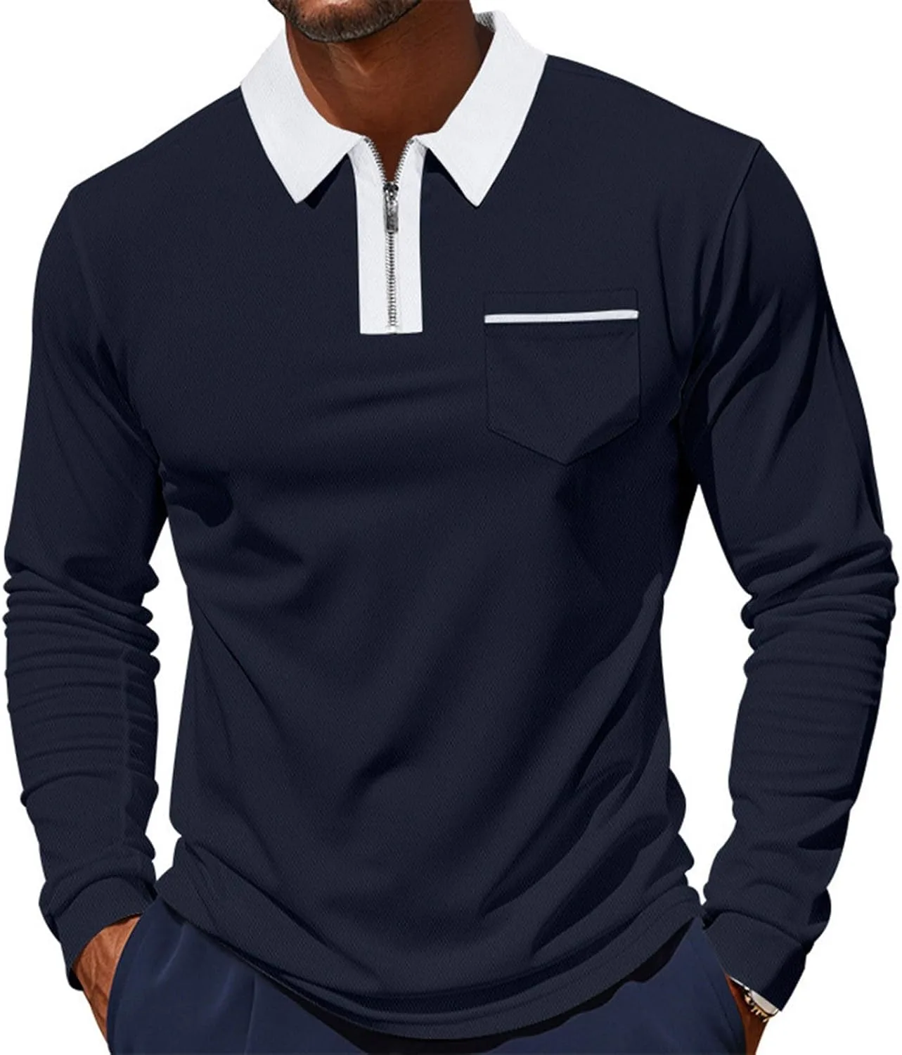 

Мужская поло с длинным рукавом на молнии, легкая, с карманом