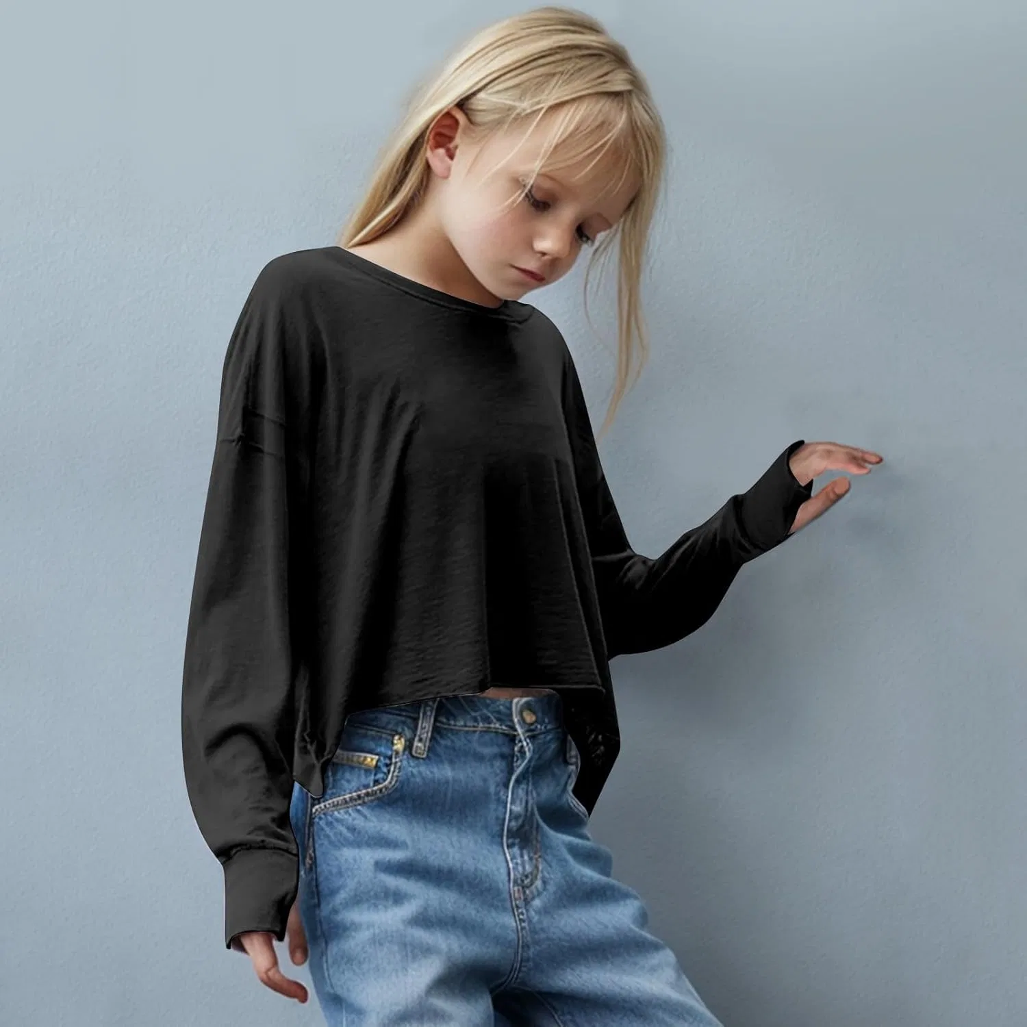 Футболка для девочек с открытой спиной, укороченная, A02-black — фото 3