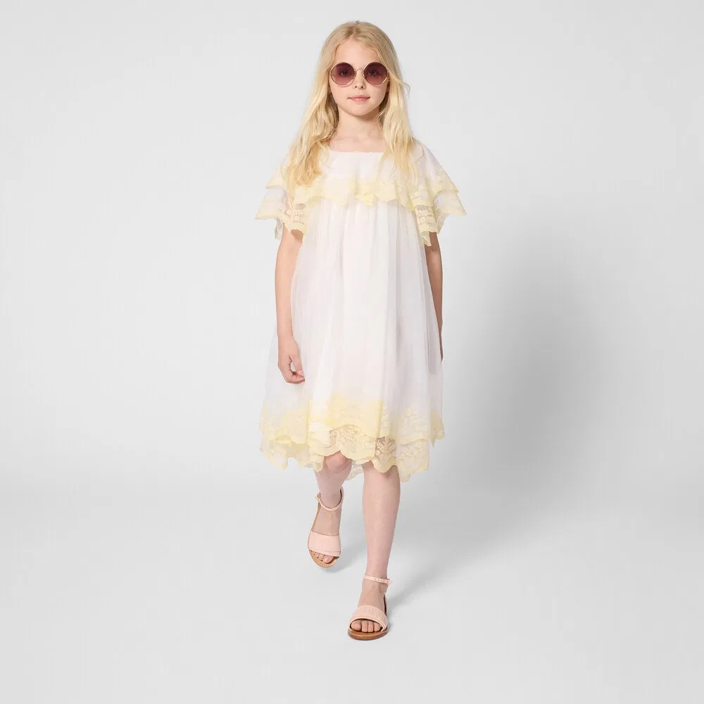 Платье из вышитого тюля Chloé Kids, белый — фото 4
