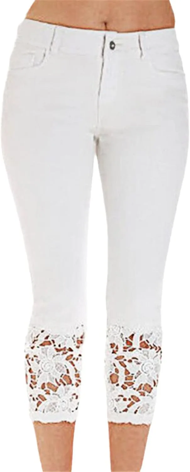 

Весенние потертые кружевные облегающие укороченные джинсы Mid Rise Kelsiop