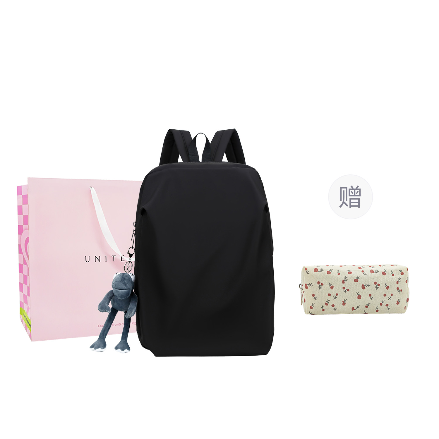 

UNITE STAR Нейлоновый рюкзак средний унисекс черный серый белый розовый, Black, Shopping Bag+Pen Pouch