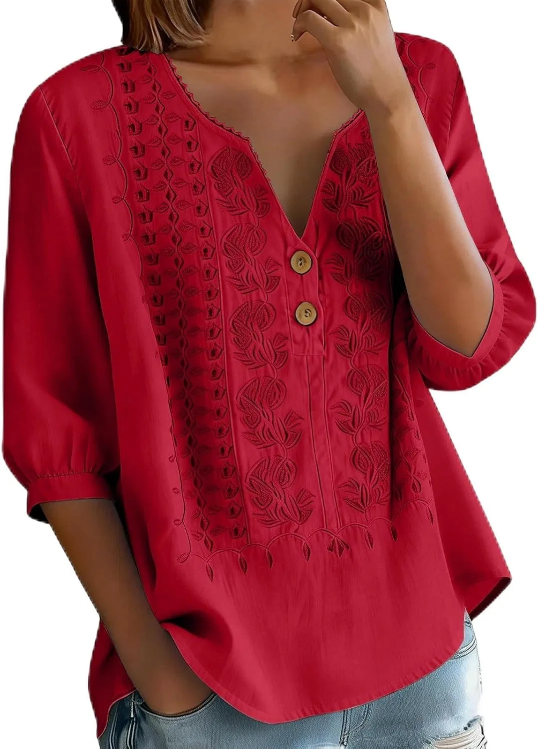 Блуза с вышивкой, V-образный вырез, 3/4 рукав, Cotton Linen, Red