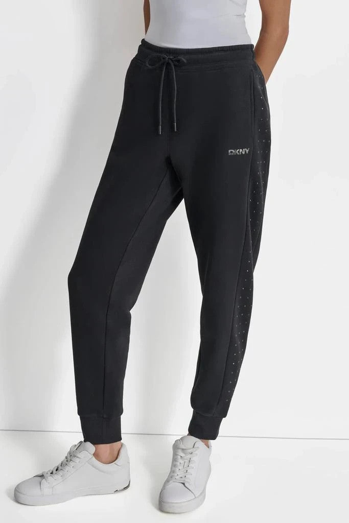 

Женские спортивные штаны Dkny Sport, черные, флисовые, со стразами, на талии, со шнурком, FTS470 Dkny, черный