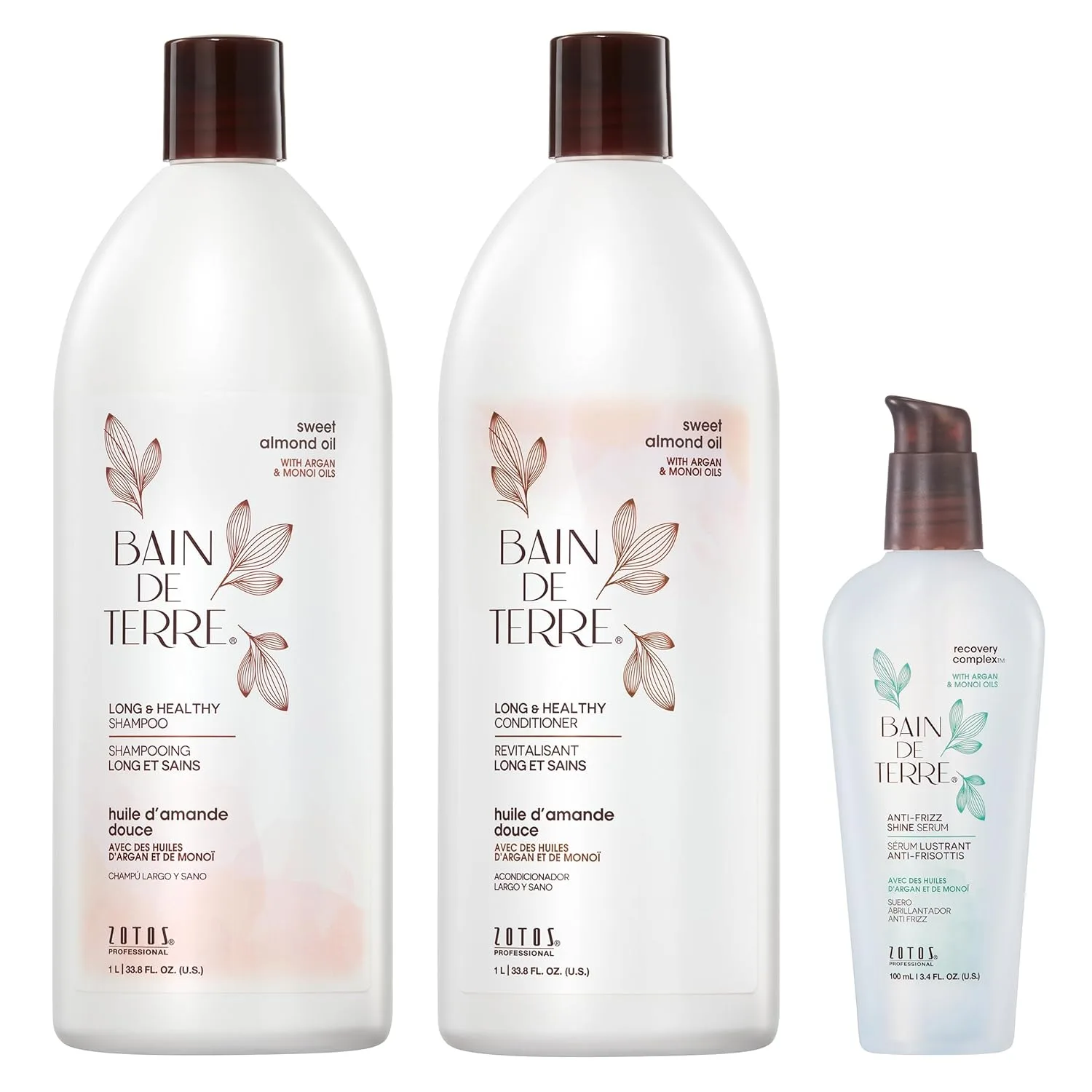 Кондиционер Bain de Terre Sweet Almond Oil для длинных и здоровых волос, сила и защита для слабых и поврежденных волос, с маслами арганы и монои, без парабенов, безопасен для окрашенных волос, веганский 1000/100 мл (3 шт.), Green