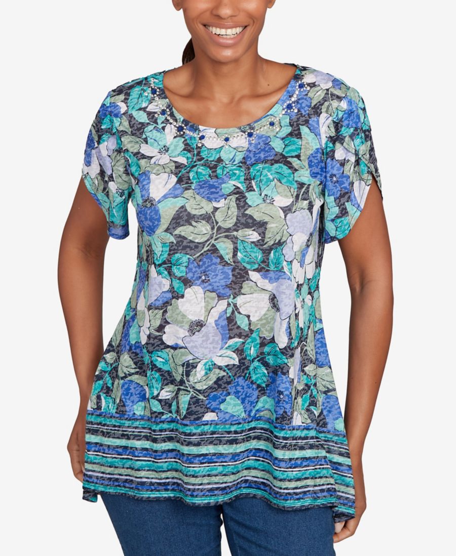 

Небольшой топ с цветочным и полосатым узором и рукавами-крылышками Ruby Rd, Navy Multi