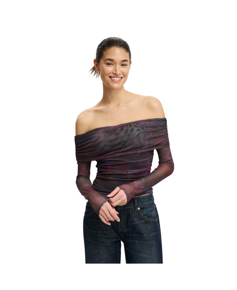 

Женская блузка Ashley с открытыми плечами и сетчатыми вставками, с длинными рукавами COTTON ON, Mira berry blurred