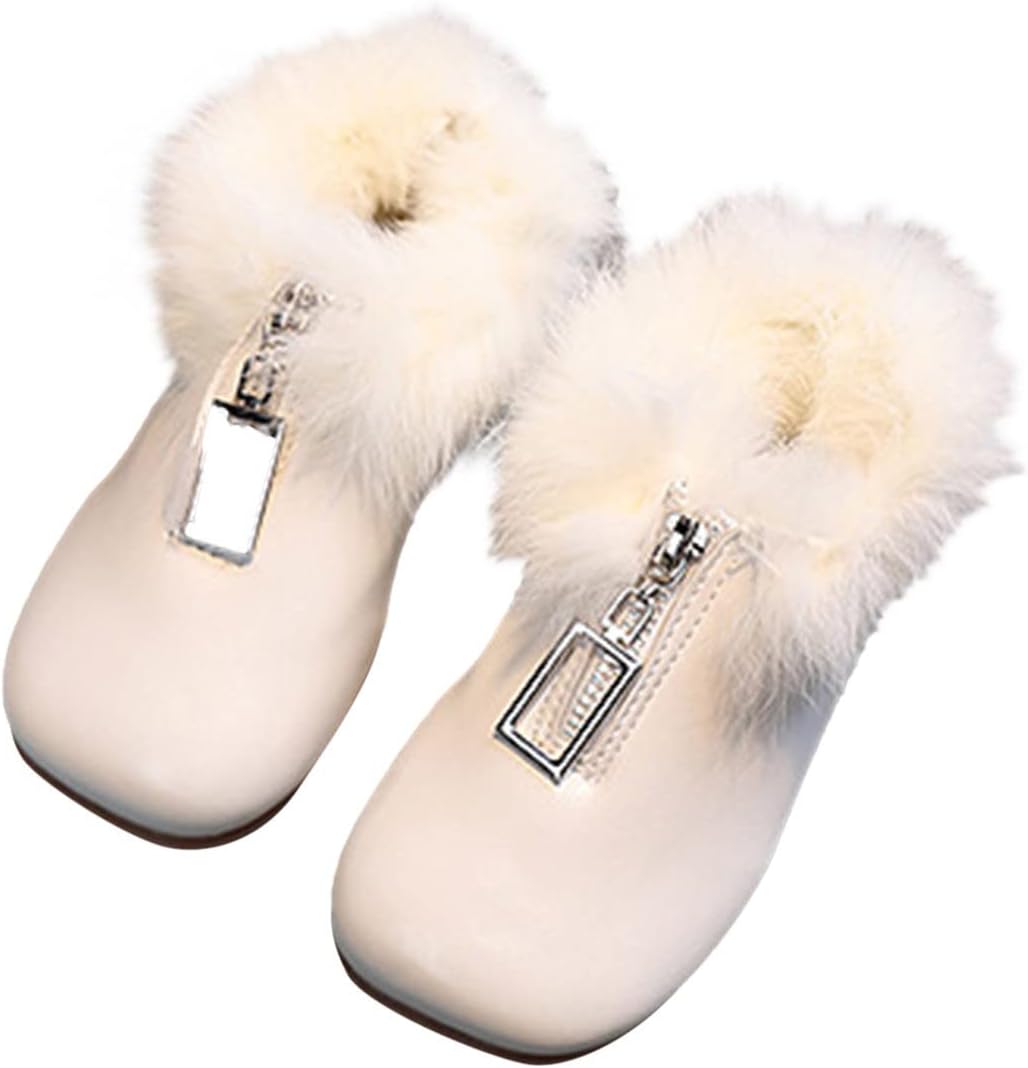 

Детские плюшевые ботильоны на щиколотку для девочек, из искусственной кожи, с низким каблуком, зимние ботинки с молнией, теплые, противоскользящие и удобные Generic, White